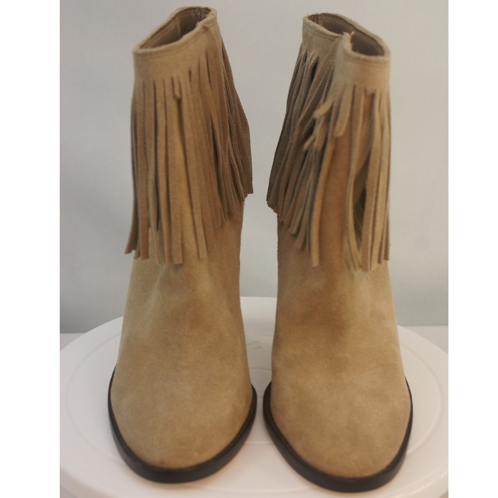 Joie Dalman Tan Suede Fringe‎ Ankle Boots Almond Toe Stiletto Heel EU 36.5